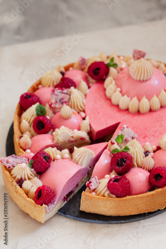 Raspberry Pie with berry mousse and white chocolate cremo photo