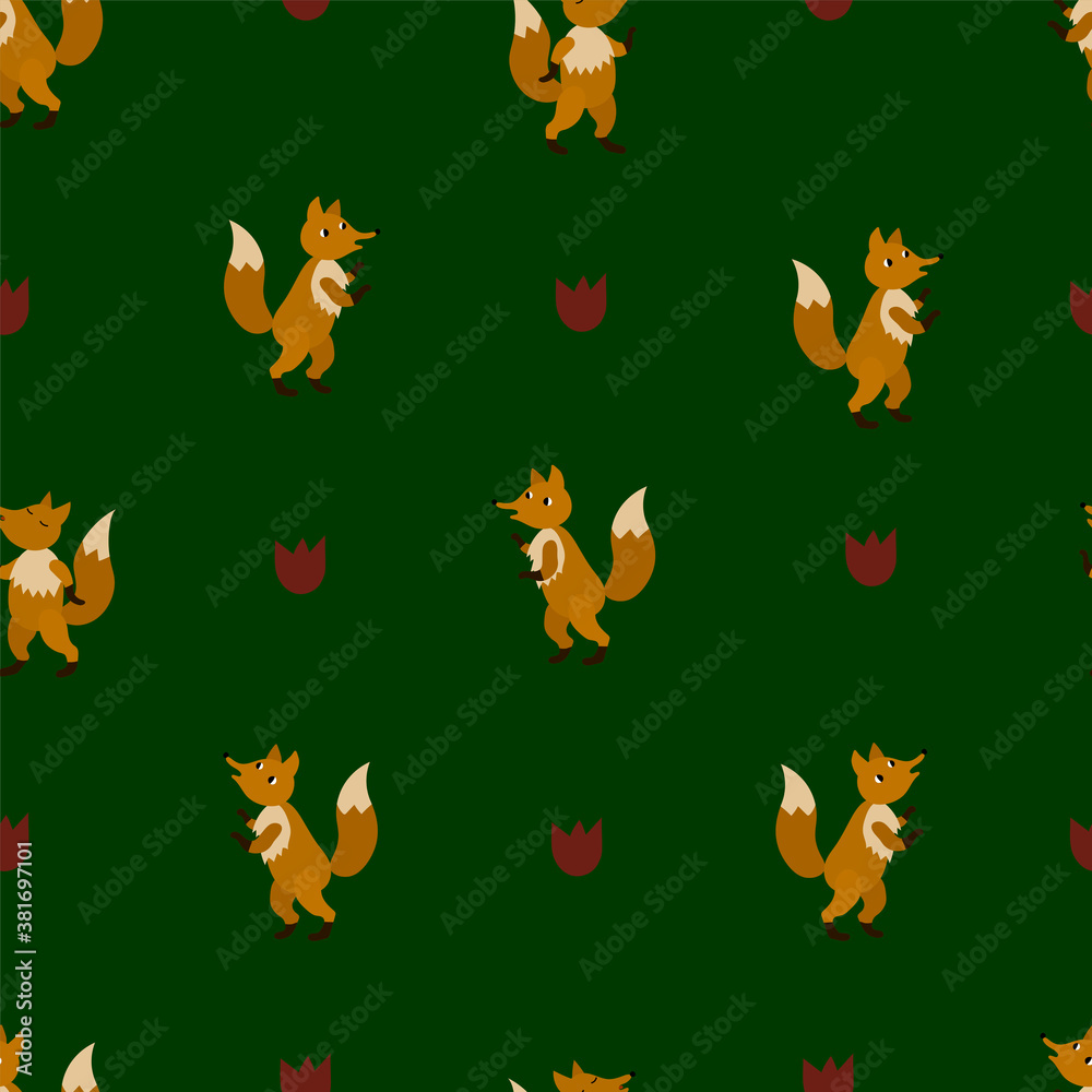 Cute  minimalistic  pattern with foxes and  abstract flowers  on the green  background. In Scandinavian style. For textiles, wallpapers, designer paper, etc