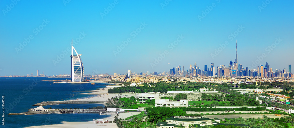 Dubai city skyline and famous Jumeirah beach, Dubai, United Arab Emirates