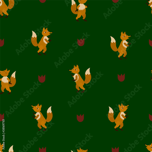 Cute  minimalistic  pattern with foxes and  abstract flowers  on the green  background. In Scandinavian style. For textiles  wallpapers  designer paper  etc
