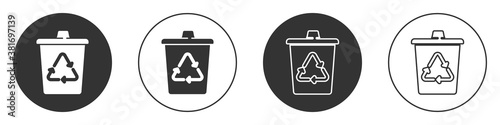 Black Recycle bin with recycle symbol icon isolated on white background. Trash can icon. Garbage bin sign. Recycle basket sign. Circle button. Vector.