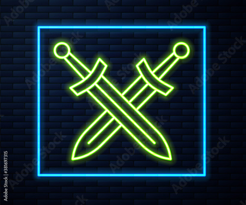 Glowing neon line Crossed medieval sword icon isolated on brick wall background. Medieval weapon. Vector.