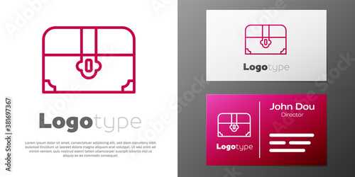 Logotype line Antique treasure chest icon isolated on white background. Vintage wooden chest with golden coin. Logo design template element. Vector.