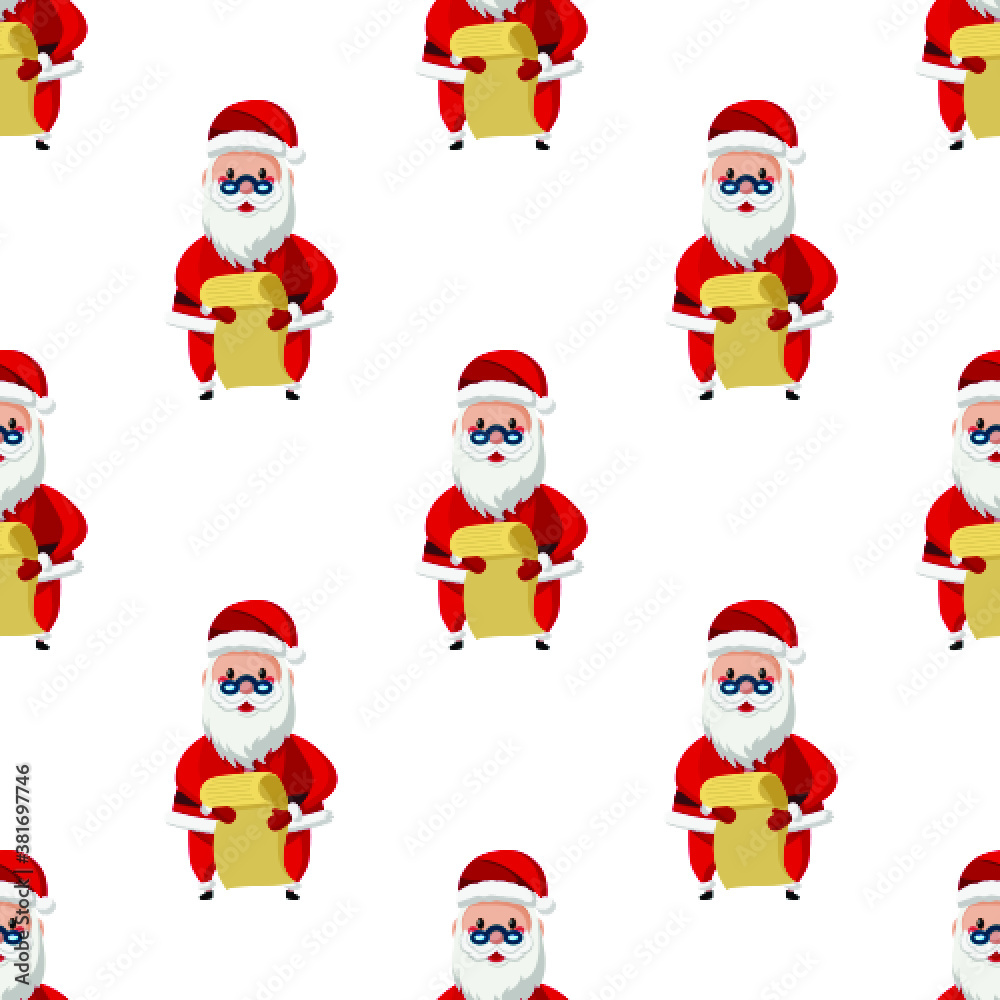 Seamless pattern for Christmas holiday with Santa Claus and long paper list. Childish background. Vector Illustration on transparent background