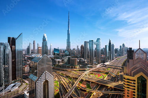 Dubai - amazing city skyline with luxury skyscrapers at sunset  United Arab Emirates
