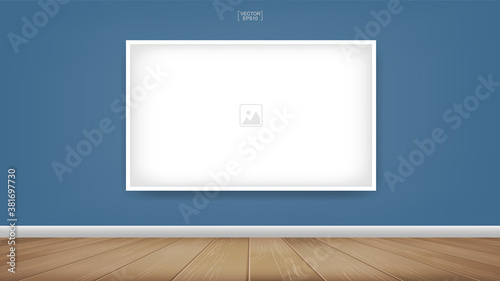 Empty photo frame or picture frame background in wooden room space background. For room design and interior decoration. Vector.
