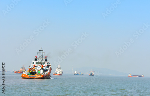 Boats parked near Mumbai Port in India