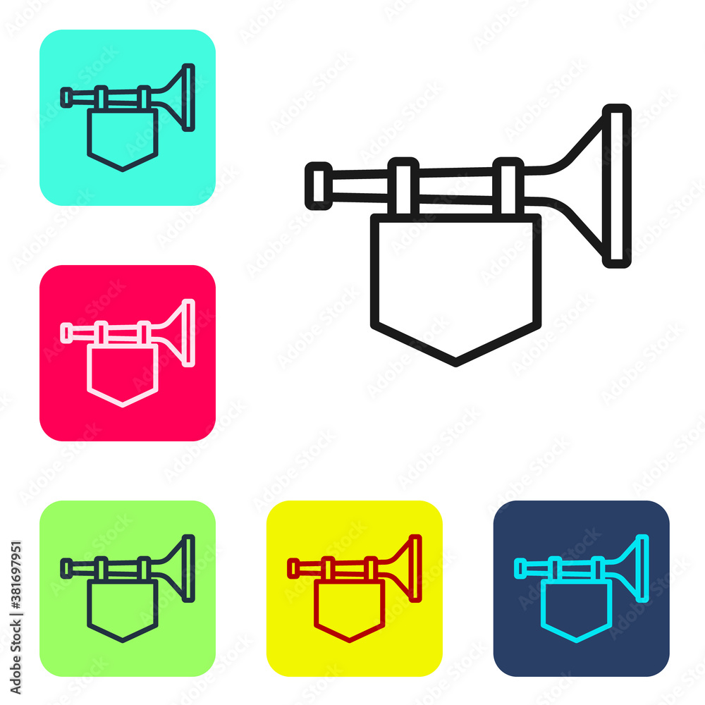 Black line Trumpet with flag icon isolated on white background. Musical instrument trumpet. Set icons in color square buttons. Vector.