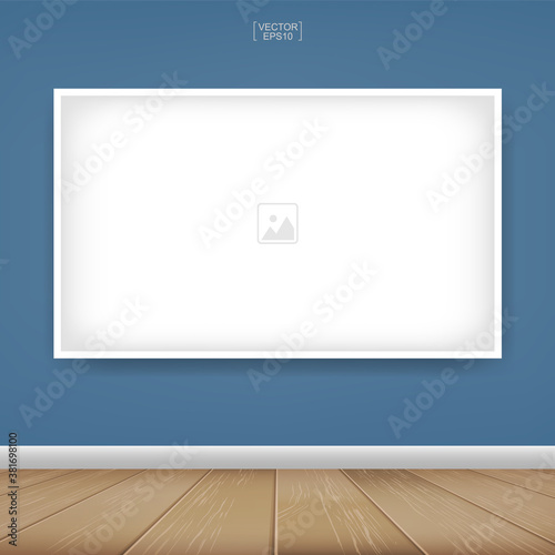 Empty photo frame or picture frame background in wooden room space background. For room design and interior decoration. Vector.