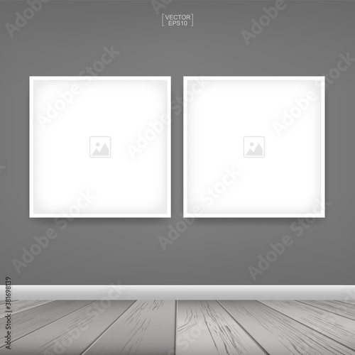 Empty photo frame or picture frame background in wooden room space background. For room design and interior decoration. Vector.