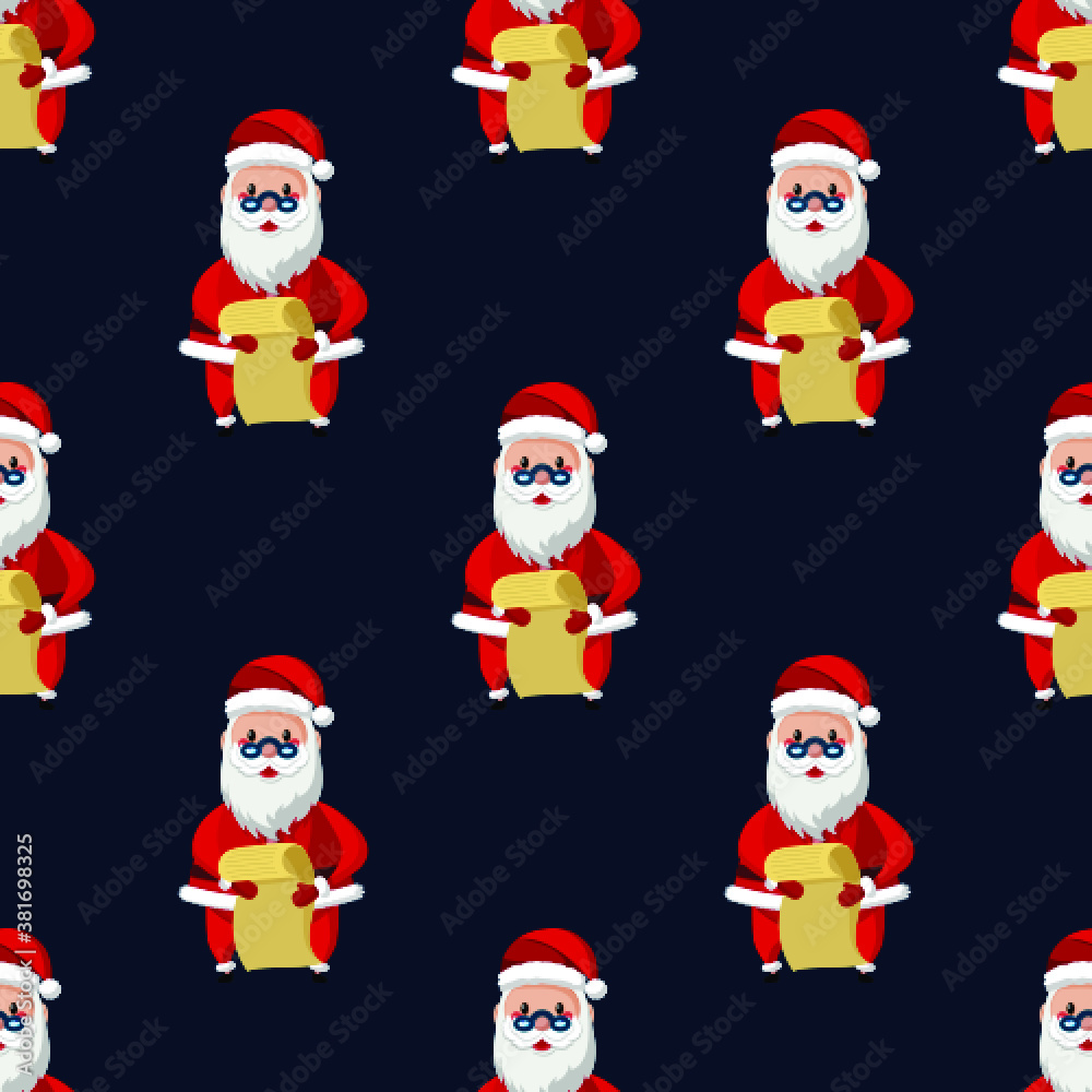 Seamless pattern for Christmas holiday with happy Santa Claus and long list. Childish background. Vector Illustration on dark blue background Seamless pattern for Christmas holiday with happy Santa Claus and long list. Childish background. Vector Illustration on dark blue background