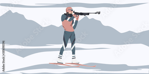 Biathlon - an athlete shoots a gun - snow, mountains - vector. Winter sports.