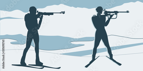 Biathletes shoot from guns - snow, mountain landscape - vector. Winter sports.