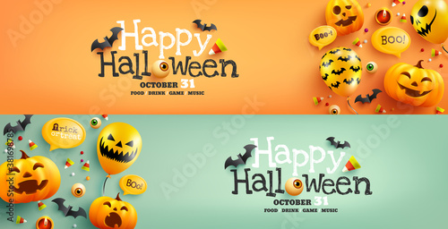 Halloween poster and banner template with cute halloween pumpkin,bat,candy and ghost balloons.Website spooky,Background or banner Halloween template.Vector illustration eps10