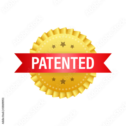 Gold patented label on red ribbon on white background. Vector stock illustration.