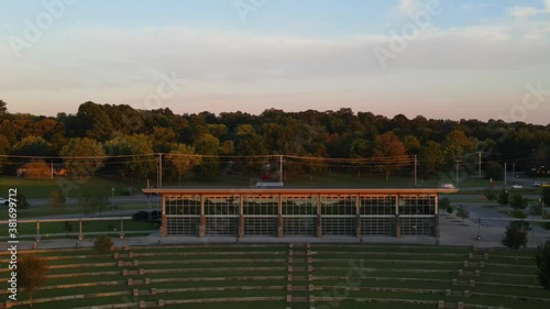 Famous Wilma Rudolph Event Center during beautiful sunset, Aerial Vertigo Effect photo