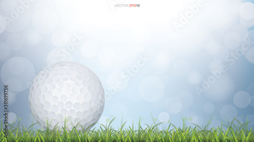 Golf ball on green grass field with light blurred bokeh background. Vector.