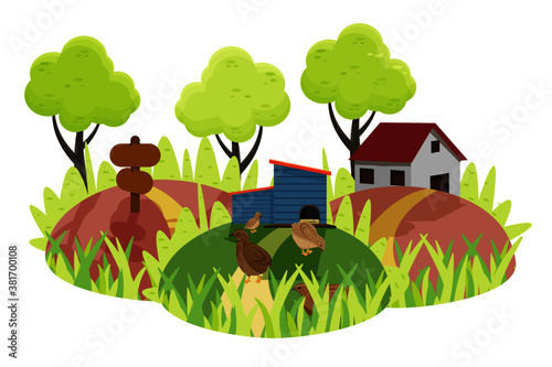 Whimsy vector illustration of a quail farm