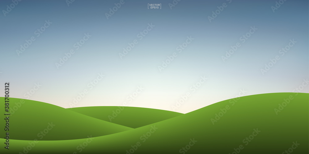 Green grass hill and sunset sky background. Outdoor natural background for template design. Vector.