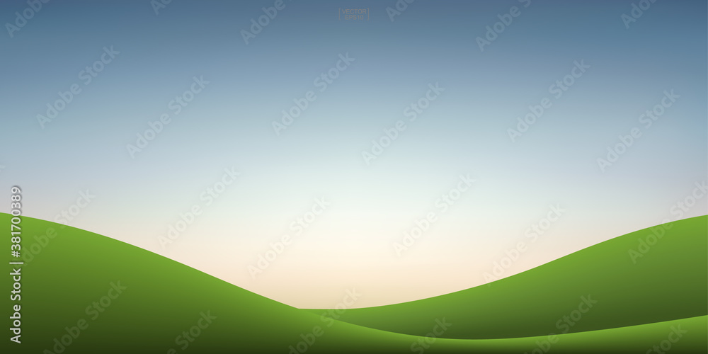 Green grass hill and sunset sky background. Outdoor natural background for template design. Vector. Green grass hill and sunset sky background. Outdoor natural background for template design. Vector.