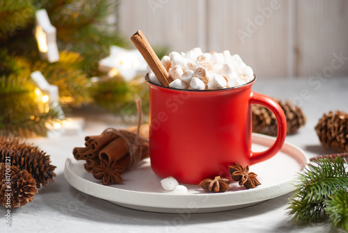 Beautiful christmas drink in the red cup with marshmallows and cinnamon with anis stars close-up
