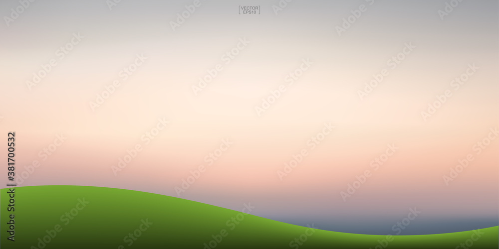 Green grass hill and sunset sky background. Outdoor natural background for template design. Vector.