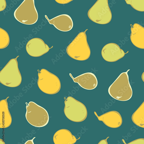Vector seamless pattern of yellow and green pears on green background. Fruit vector pattern. Concept for food store.
