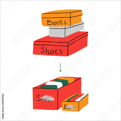 Second life of shoes boxes. The way of zero waste by using unnecessary boxes and folding clothes in them.