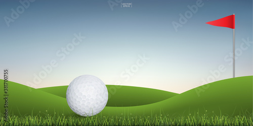 Golf ball on green hill of golf court with sunset sky background. Vector.