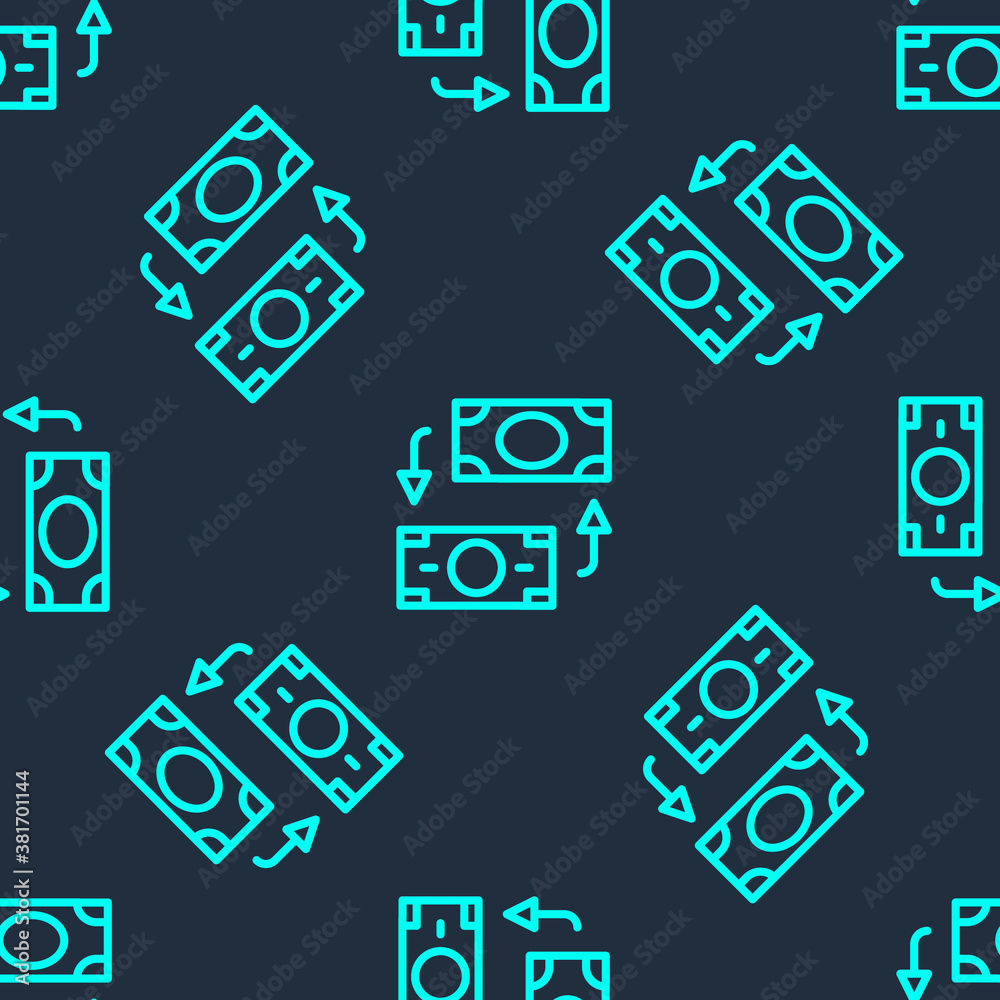 Green line Money exchange icon isolated seamless pattern on blue background. Cash transfer symbol. Banking currency sign. Vector.