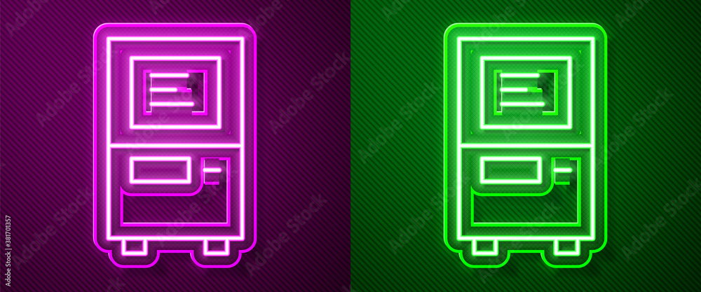 Glowing neon line ATM - Automated teller machine icon isolated on purple and green background. Vector. Glowing neon line ATM - Automated teller machine icon isolated on purple and green background. Vector.