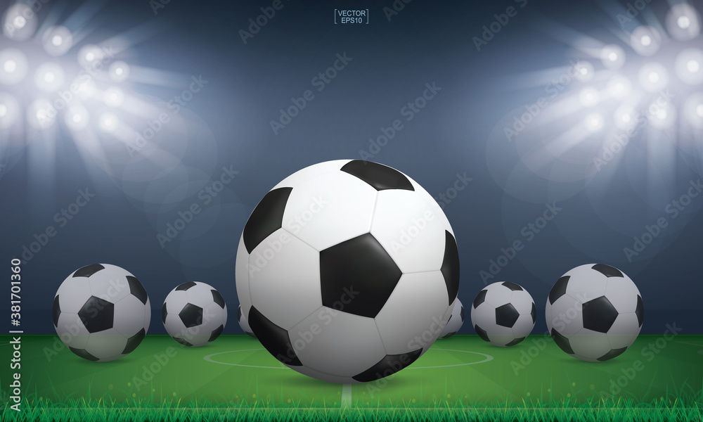Soccer football ball and green grass of soccer field stadium background. Vector. Soccer football ball and green grass of soccer field stadium background. Vector.