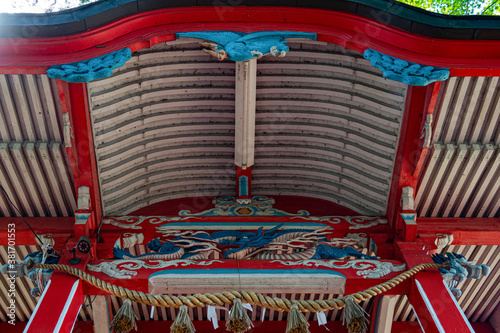 an old red hall in the Shinto temple 