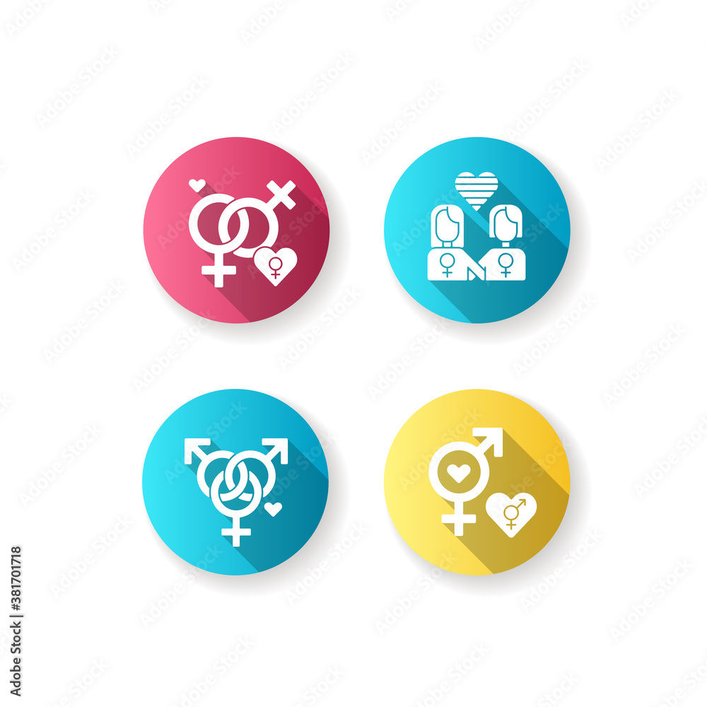 Peaceful pride parade flat design long shadow glyph icons set. Lesbian couple. Rainbow heart. Bisexual and gay relationship. Silhouette RGB color illustration