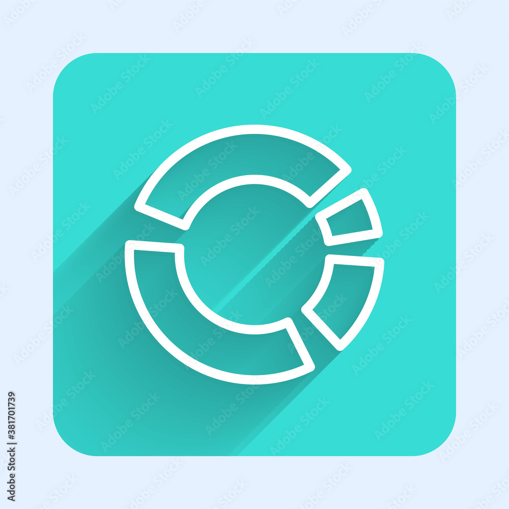 White line Pie chart infographic icon isolated with long shadow. Diagram chart sign. Green square button. Vector. White line Pie chart infographic icon isolated with long shadow. Diagram chart sign. Green square button. Vector.