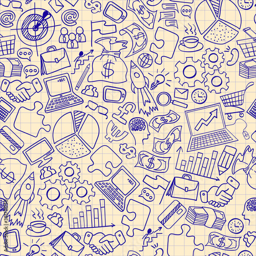 Business hand drawn doodles seamless pattern. Hand drawn icons on a copybook paper. Vector illustration.