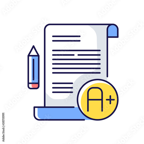 Essay examination RGB color icon. Succesful result. Comprehensive exam. Highest grade. Pencil and paper. Writing testing. Isolated vector illustration