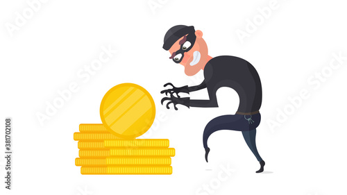 Robber and a mountain of gold coins. A criminal steals gold coins. Robbery and finance security concept. Flat style, Vector.