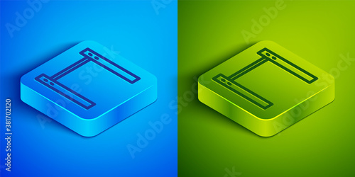Isometric line Sport horizontal bar icon isolated on blue and green background. Square button. Vector.