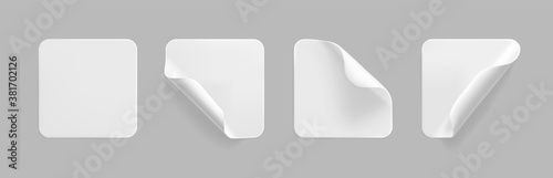 White square glued stickers with curled corners mock up set. Blank white adhesive square paper or plastic sticker label with wrinkled, crumpled effect. Blank template label tags. 3d realistic vector