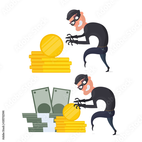 The robber steals money. The criminal steals gold coins. Robbery and finance security concept. Flat style, vector.