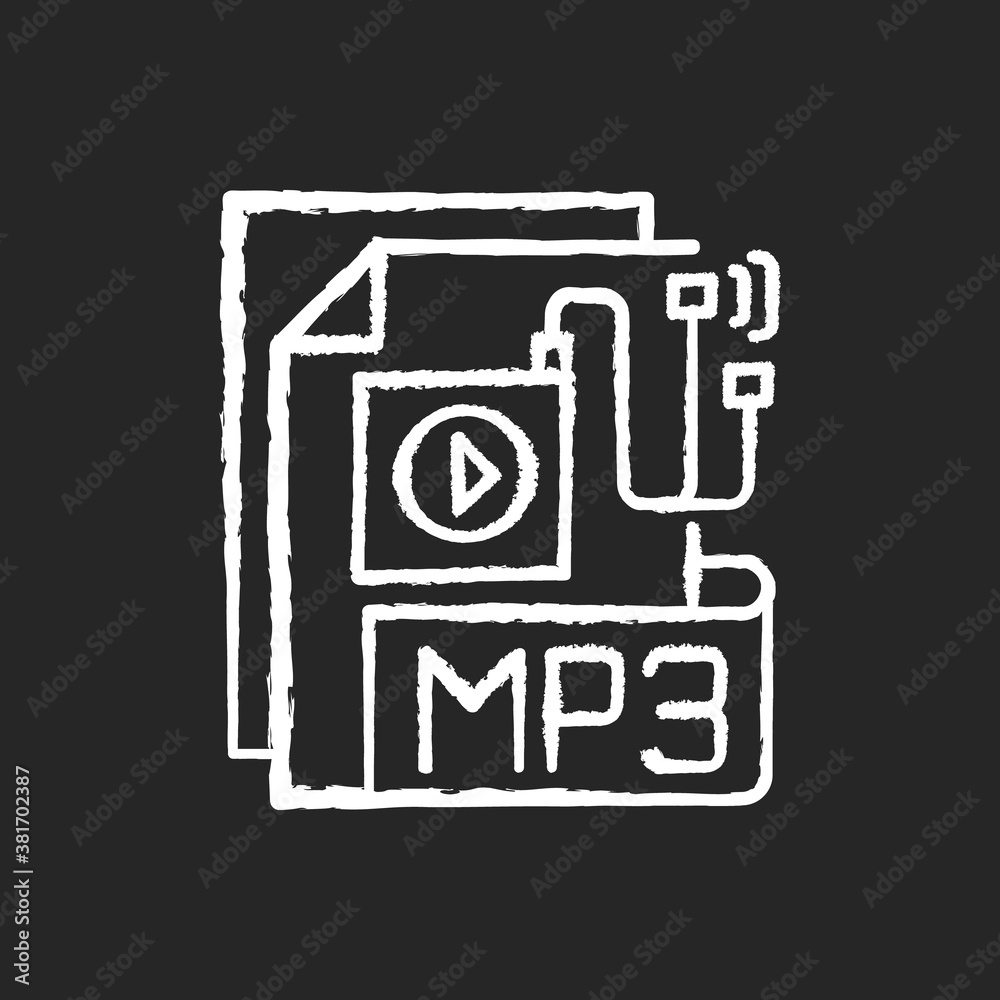 MP3 Audio file chalk white icon on black background. File extension. Downloading song. Storing music. Lecture, audiobook, podcast. Compressed audio format. Isolated vector chalkboard illustration