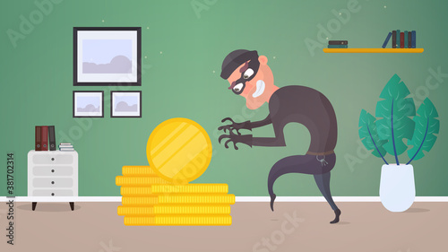 Robber and a mountain of gold coins. A criminal steals gold coins. Robbery and finance security concept. Flat style, Vector.