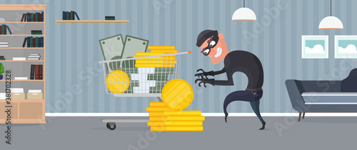 The robber steals dollars. The criminal steals gold coins. Basket with money. Robbery and finance security concept. Flat style, vector.