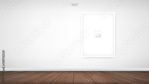 Empty photo frame or picture frame background in room space area with white concrete wall background and wooden floor. Vector.