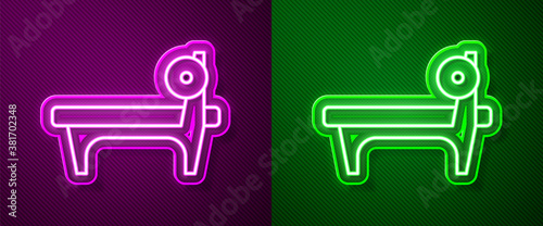 Glowing neon line Bench with barbel icon isolated on purple and green background. Gym equipment. Bodybuilding, powerlifting, fitness concept. Vector.