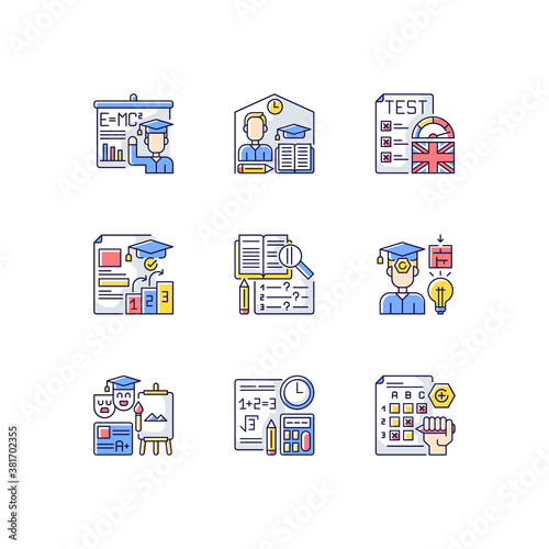 Examination types RGB color icons set. Achievement test. Students progress. Creative, short answer and proficiency testing. Isolated vector illustrations