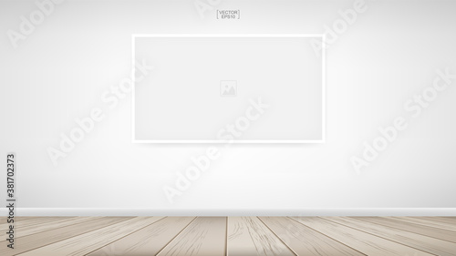 Empty photo frame or picture frame background in room space area with white concrete wall background and wooden floor. Vector.