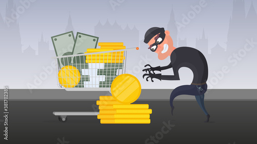 The robber steals dollars. The criminal steals gold coins. Basket with money. Robbery and finance security concept. Flat style, vector.