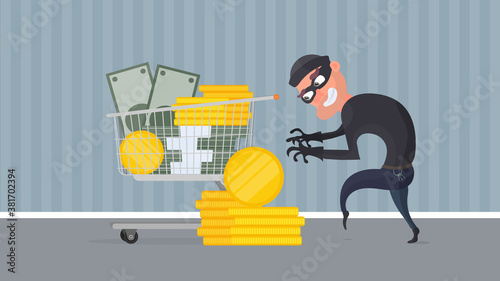 The robber steals dollars. The criminal steals gold coins. Basket with money. Robbery and finance security concept. Flat style, vector.